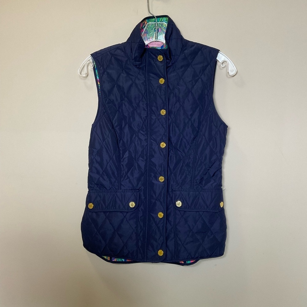 Lilly Pulitzer Getaway Quilted Pocket Zip Vest True Navy Blue Gold Snap Size XS